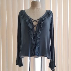 AEO Lace Up Bell Sleeve Ruffle Tunic Top Romantic